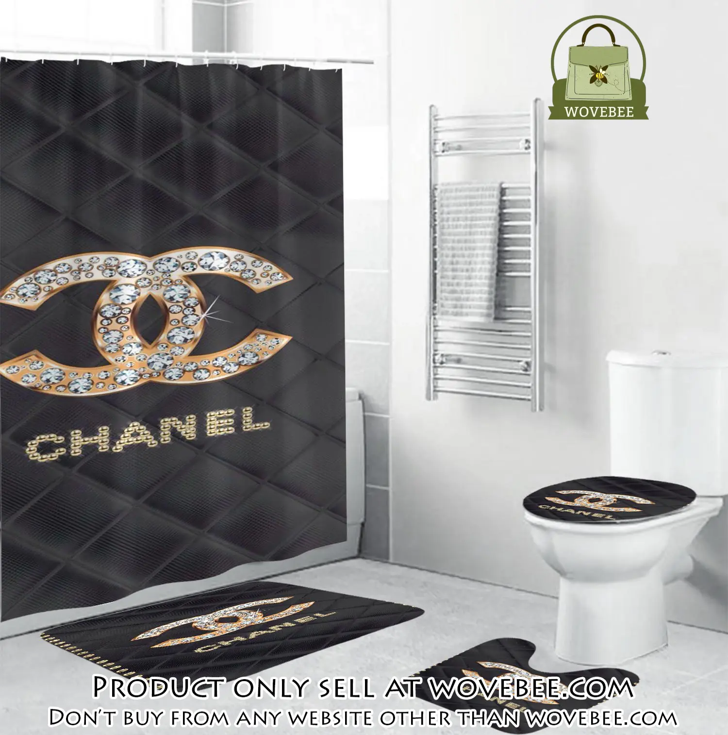 Coco chanel golden logo with full of diamonds in argyle background bathroom set shower curtain wvb4657110